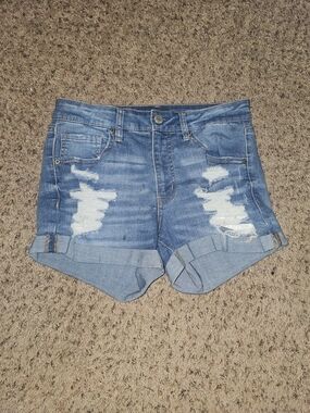 Distressed Light Blue Denim Roll-Cuff Women's Shorts